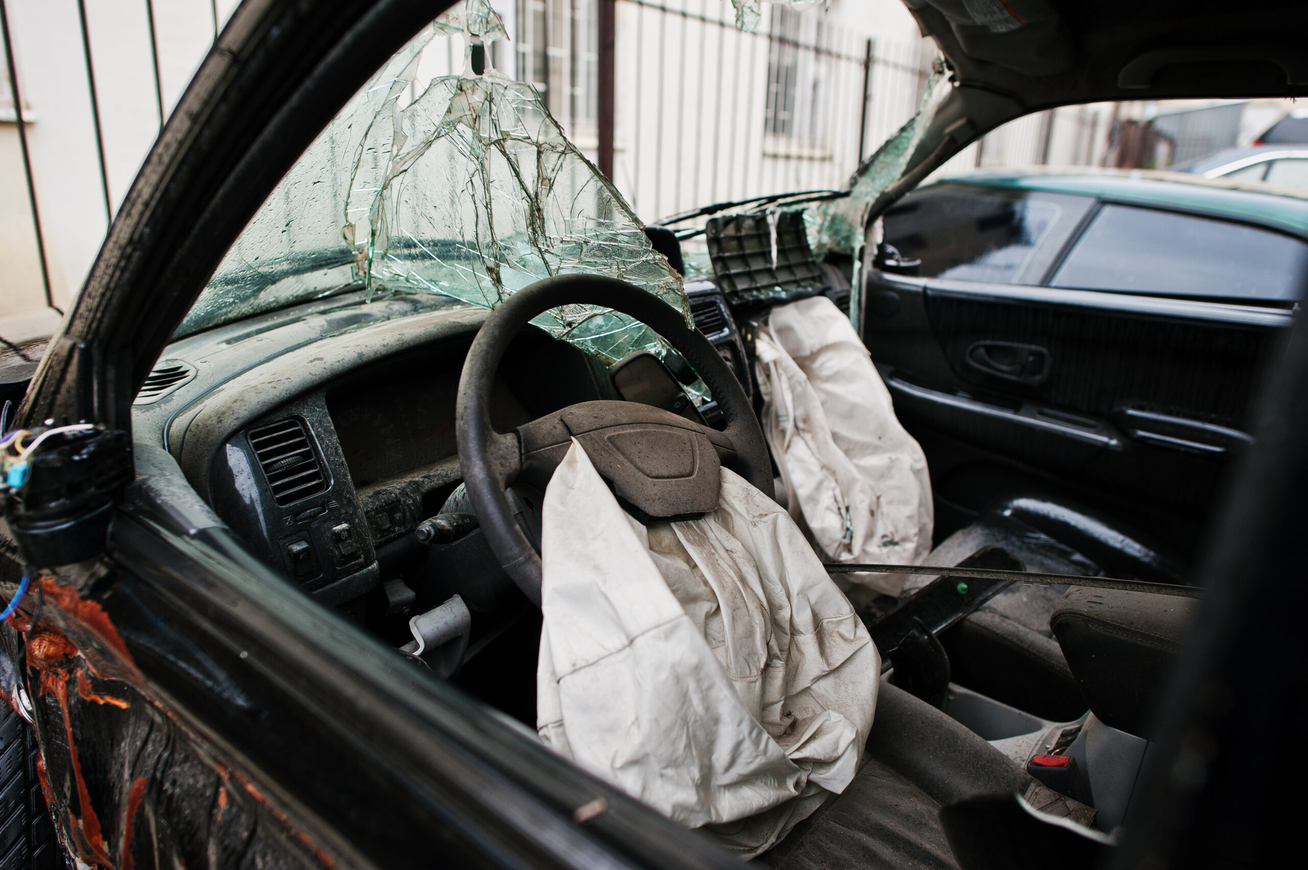 Car after accident. Car interior with airbag after crash